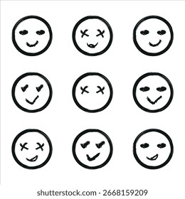 Conjunto de ícones de rosto Doodle Emoji. Sorriso rabiscar emojis faces na mão desenhado vetor. Estilo de esboço desenhado à mão. Doodle vintage emoji face ícone set