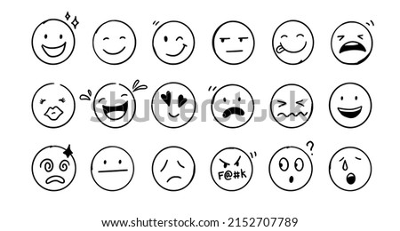 Doodle Emoji face icon set. Hand drawn sketch style. Emoji with different emotion mood, happy, sad, smile face. Comic line art vector illustration.