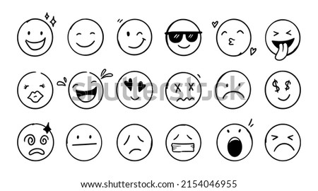 Doodle Emoji face icon set. Hand drawn sketch style. Emoji with different emotion mood, happy, sad, smile face. Comic line art vector illustration.