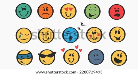 Doodle Emoji face icon set. Hand drawn sketch . Emoji with different emotion mood, happy, sad, smile face. Vector illustration.