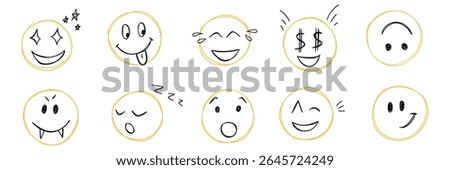 Doodle emoji face icon set. Kids hand drawn sketch. Emoticons, different emotion. Laugh, sleep, happy, vampire, surprised smiling scribble. Freehand drawing comic isolated vector illustration