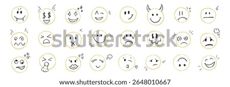 Doodle emoji face icon set. Kids hand drawn sketch emoticons. Different emotion. Sad, tired, happy, kiss, vomit, surprised smiling scribble. Freehand drawing comic isolated vector illustration