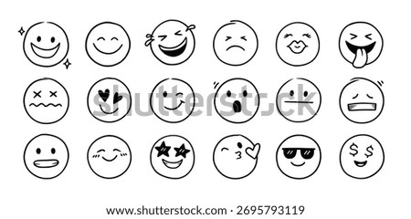 Doodle Emoji face icon set. Hand drawn sketch doodle style. Emoji with different emotion mood, happy, sad, smile face. Comic line emoticon character art. Vector illustration