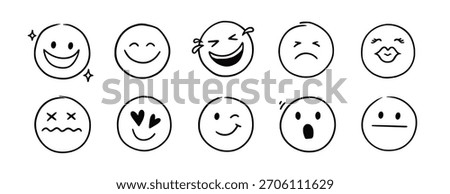 Doodle Emoji face icon set. Hand drawn sketch doodle style. Emoji with different emotion mood, happy, sad, smile face. Comic line emoticon character art. Vector illustration