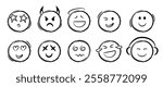 Doodle emoji face icons set. Sketch style ink brush vector. Different expressions vector faces. Devil, angel, listening to music, in love, laughing, hypnosis, star eyed.