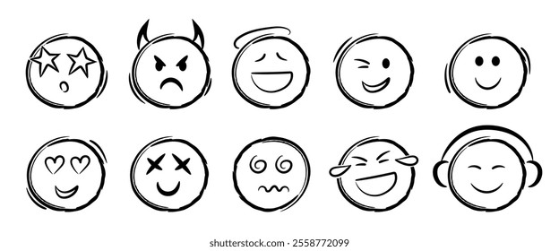 Doodle emoji face icons set. Sketch style ink brush vector. Different expressions vector faces. Devil, angel, listening to music, in love, laughing, hypnosis, star eyed.