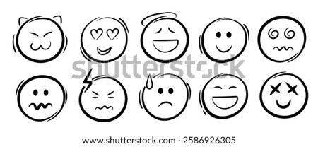 Doodle emoji face icons set. Sketch style ink brush vector. Different expressions vector faces. Cat, angel, smile, in love, laughing, hypnosis, heart eyed.