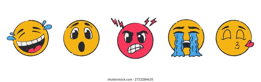 Cara de emoji Doodle en estilo de boceto de crayón. Emoticonos redondos con diferentes emociones y expresiones de dibujos animados, con risas, ira, llanto, expresiones de maravilla. Ilustración vectorial de color.