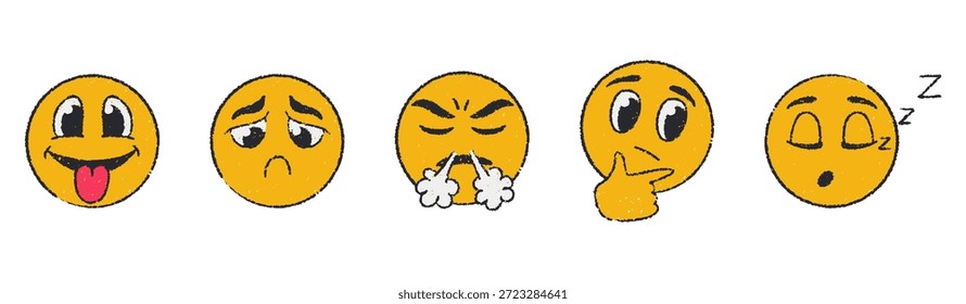 Doodle emoji face set in hand-drawn crayon style with rough grunge texture. Cute round emoticons with playful, sad, sleepy and angry moods. Simple comic vector design with scribble strokes