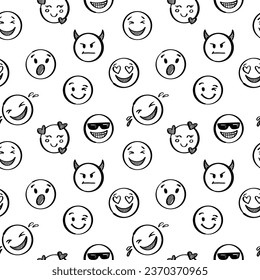 Doodle emoji seamless pattern. Hand drawn sketch positive emoticons background. Freehand emotion expression design