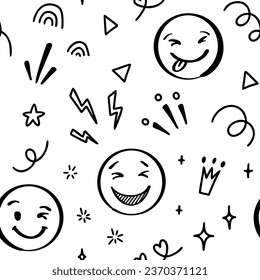 Doodle emoji seamless pattern. Hand drawn sketch positive emoticons background. Freehand emotion expression design