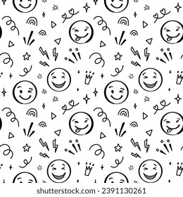 Doodle emoji seamless pattern. Hand drawn sketch positive emoticons background. Freehand emotion expression design