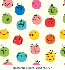Doodle emoji seamless pattern. Hand drawn sketch positive emoticons background. Freehand emotion expression design