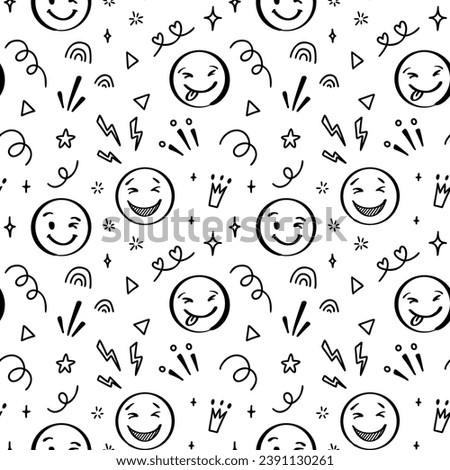 Doodle emoji seamless pattern. Hand drawn sketch positive emoticons background. Freehand emotion expression design