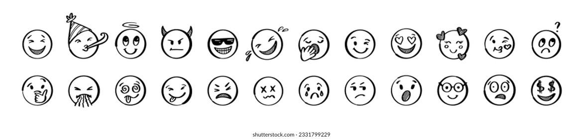 Doodle emoji set. Hand drawn sketch vector illustration. Pack of different expressions emoticons