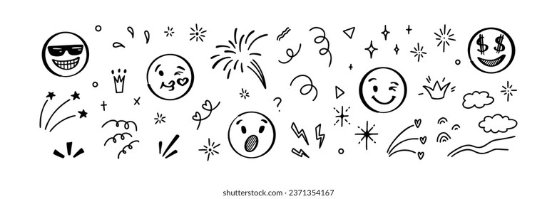 Doodle emoji set. Hand drawn sketch vector illustration. Pack of different expressions emoticons and manga stile motion elements