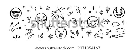 Doodle emoji set. Hand drawn sketch vector illustration. Pack of different expressions emoticons and manga stile motion elements
