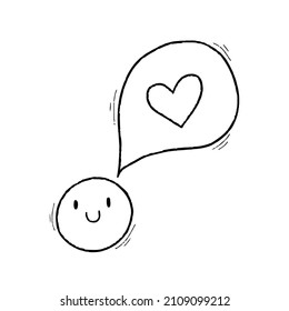 Doodle emoji with speech bubble heart. Hand drawn love face. Greeting card happy Valentine's Day. Vector black and white doodle cute illustration.