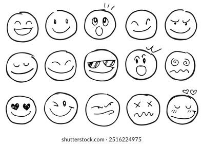 Doodle Emoticon Face Icon Set. Hand Drawn Sketch Emoji with Different Emotion and Mood. Vector illustration