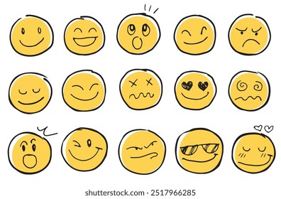Doodle Emoticon Face Icon Set. Dibujado a mano Sketch Emoji con diferentes emociones y Sentimiento. Ilustración vectorial