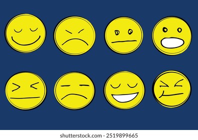 Doodle Emoticon Face Icon Set. Hand Drawn Sketch Emoji with Different Emotion and Mood. Vector illustration