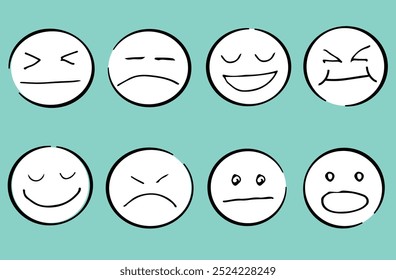 Doodle Emoticon Face Icon Set. Hand Drawn Sketch Emoji with Different Emotion and Mood. Vector illustration