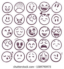 Doodle emoticons. Emoji with different expression of angry, happy and sad. Funny sketch faces for messages with smiling and crying vector outline emotion set