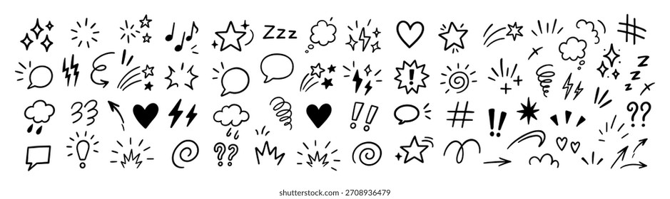 Doodle emoción de dibujos animados Elementos expresivos conjunto de iconos dibujados a mano de colores sobre fondo transparente