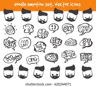 Doodle emotion face and speech clouds icons. Vector set on white background. Stock illustration