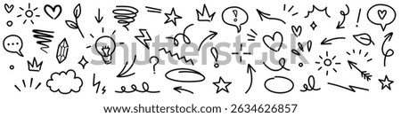 Doodle emotion icons with lightbulbs, hearts, stars, lines, question signs, monochrome sketch style

