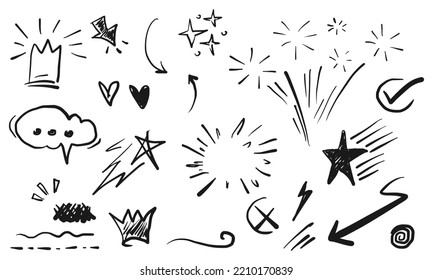 Doodle emphasis elements for concept design on set. isolated on white background. Infographic elements. sunburst, swirl, arrow, heart, crown, star. vector illustration.