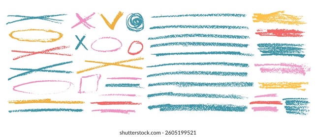 Doodle emphasis set. Crayon underline, cross, oval signs. Pencil scribble lines pack. Vector hand drawn brush stroke collection illustration on white background. Kids highlights handwritten shapes.