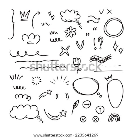 Doodle emphasis, underline, arrow, sparkles shape set. Hand drawn cute line highlight, speech bubble, lightning icon element. Cartoon vector illustration isolated on white background