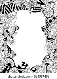 Doodle empty card template. Zendoodle contrast adult coloring book style frame border