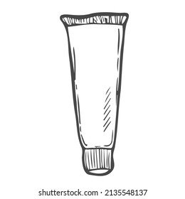 Tubo de crema vacío con doodle, contenedor. Ilustración vectorial de doodle dibujado a mano.