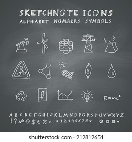 Doodle Energy Icons, Alphabet and Symbols Set. Vector set on chalkboard background