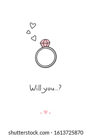 Doodle engagement ring. Minimalistic drawing isolated on white background for greeting card, banner, poster. Romantic print for clothes. Vector, EPS 10