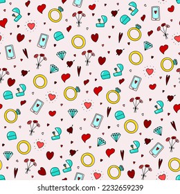 Doodle engagement seamless pattern. Hand-drawn diamond ring in a box, flowers, heart, phone message, brilliant gemstone. Symbol of wedding, marriage, love, Valentines Day, present. Vector illustration