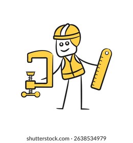 doodle engineer holding c clamp and ruler character