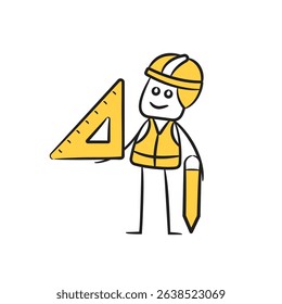 doodle engineer holding ruler and pencil character