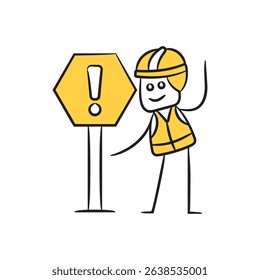 doodle engineer and warning signpost character