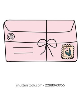 Sobre Doodle con sello postal y arco. Elemento postal. Icono de correo. Ilustración vectorial.