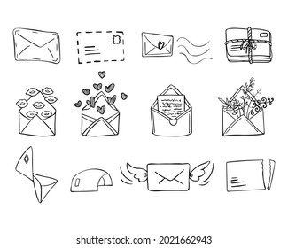 Doodle envelope set. Cute love letters. Elements for cards, posters, stickers. Vector illustration in cartoon style on white background.