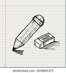 Doodle of eraser and pencils.Sketch vector set in doodle style 