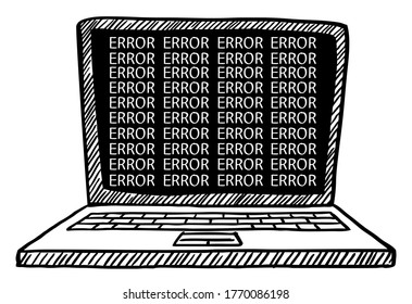 Doodle of errors showing on laptop screen. Hand drawn doodle vector illustration. Isolated object on transparent background.