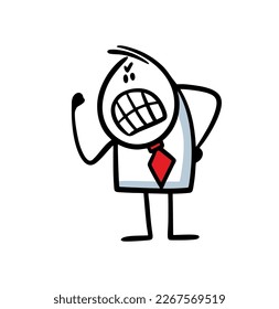 Doodle evil businessman in an office suit shouts and scolds subordinates, threatens them with his fist. Vector illustration of an angry stickman boss.