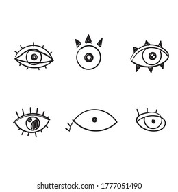 doodle Evil eyes. Set of hand drawn various talismans. Different shapes. Flat design. Free hand drawing style. drawing