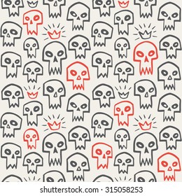 Doodle evil skulls seamless pattern. Cute cartoon sculls with sharp vampire teeth and shining crown. Hand drawn halloween background. 