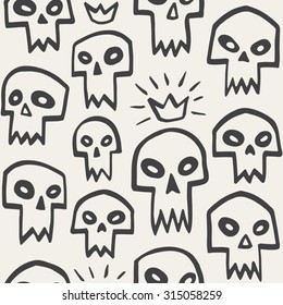 Doodle evil skulls seamless pattern. Cute cartoon sculls with sharp vampire teeth and shining crown. Hand drawn halloween monochrome background. 