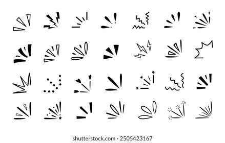 Doodle-Ausruf. Manga Comic Strahlen Emotion Ausdruck, handgezeichnete funkelt Spritzer und Blitz Burst Symbol. Dekorative Sternzeichen Linien und Cartoon Überraschung 2D Explosion Knall Effekte Vektor-Set.